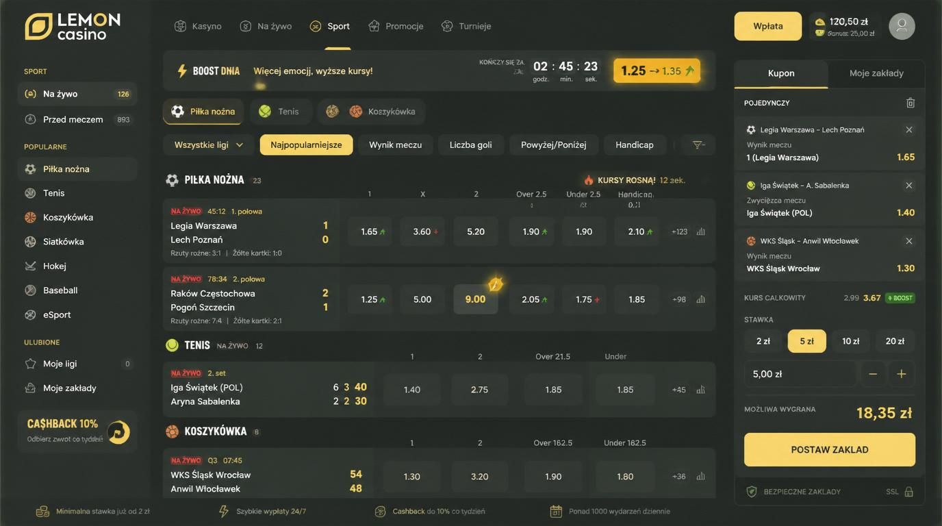 Użytkownik ogląda ofertę zakładów sportowych z małymi stawkami na Lemon Casino, kursy typu over/under, wynik meczu, handicap.